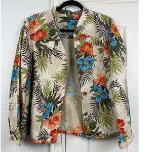 Amber Sun Tropical Floral Cotton Linen Jacket Button Front Resort Medium